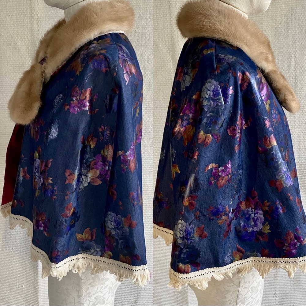 Vintage Cape OS Mink Fur Rainbow Floral Print Wrap - Picture 4 of 8